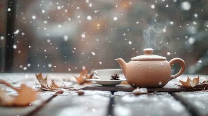 Steaming teacup and clay kettle on old wood with green tea leaves, snowflake background.