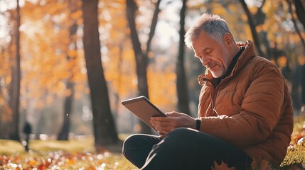 Poster - A learner accessing e-learning modules on a tablet in a relaxed outdoor setting.