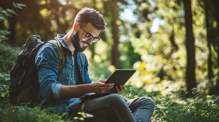 Poster - A learner accessing e-learning modules on a tablet in a relaxed outdoor setting.