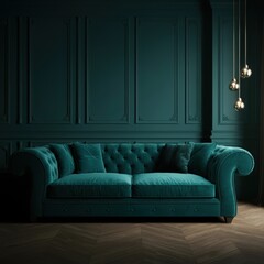 Tufted teal velvet sofa against blank wall with copy space. Minimalist interior design of modern living room.