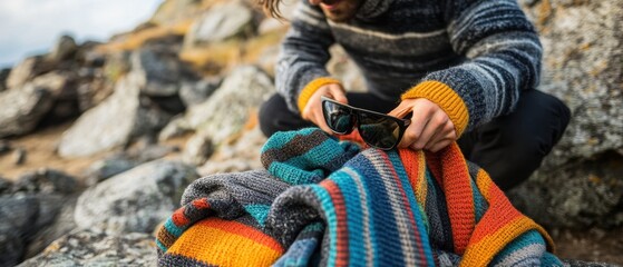 Person Packing Lightweight Sweater and Sunglasses Outdoors