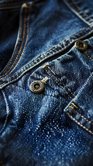 Close-Up of Classic Blue Denim Jeans Showing Texture, Stitching Details, and Traditional Design Elements Highlighting Quality and Durability