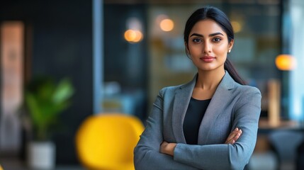 Confident Indian business woman, featuring a poised, assured professional standing in a modern office or business setting, symbolizing confidence and success.