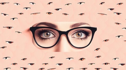 Poster - A pair of sleek eyeglasses is prominently displayed against a vibrant backdrop filled with stylized eye illustrations. Generative AI