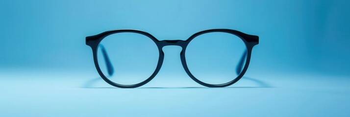 Poster - The eyeglasses sit prominently on a bright blue surface, showcasing their modern design with clear lenses and a sleek frame. Generative AI