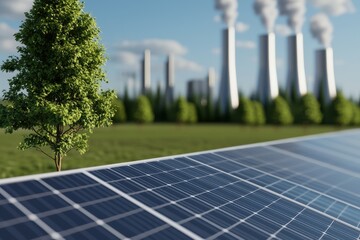 Solar panels with a tree in foreground and factories in background.