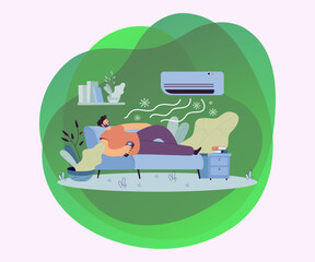 Poster - Man relaxing on couch under cold air flow from conditioner. Vector illustration for modern technology for house, home appliance, climate control concept