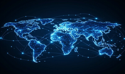 Poster - a blue map of the world with glowing lines connecting various countries, representing global connect