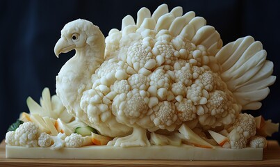 A carved cauliflower turkey on a wooden cutting board surrounded by vegetables.