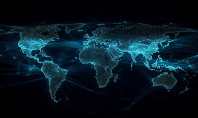 Poster - a blue map of the world with glowing lines connecting various countries, representing global connect