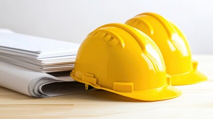 Two yellow hard hats and blueprints on a wooden table, industry safety concept.