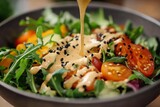 Bowl salad dressing being drizzled over it is Tangy
