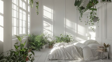 Wall Mural - a bedroom interior with plants and a large window