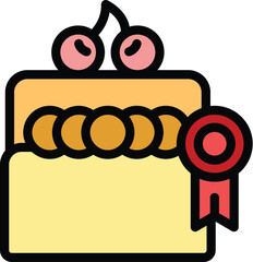 Poster - Simple colored vector icon of a cake with cherries, decorated with a quality certificate