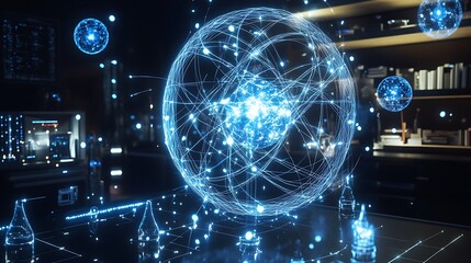 Poster - cutting-edge science unfolds in a futuristic lab with holographic quantum simulations