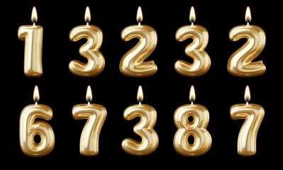 Set nine golden numbers arranged grid-like pattern Each Birthday number candles isolated