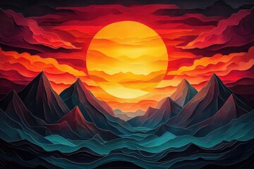 Wall Mural - An orange sun descends behind mountain outlines, casting red and gold shades across the sky This scene showcases nature's beauty at twilight, emphasizing the mountains' rugged shapes