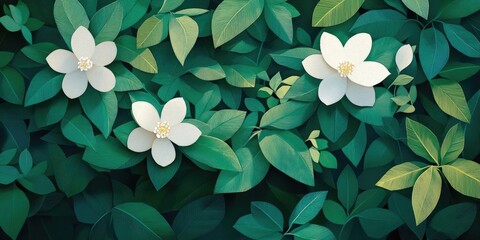 Poster - Delicate white blossoms surrounded by lush green leaves, Delicate white flowers among vibrant green foliage