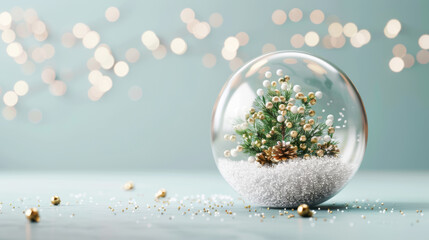 Merry Christmas snow globe with pine tree inside on winter season decorated on pastel green background. Copy space