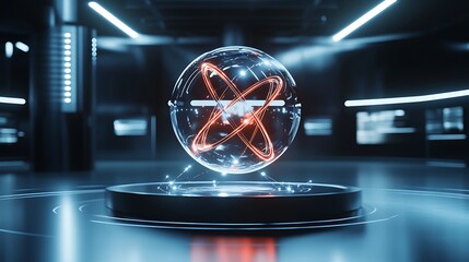 Poster - A futuristic physics lab with interactive digital models of quantum entanglement and particle interactions