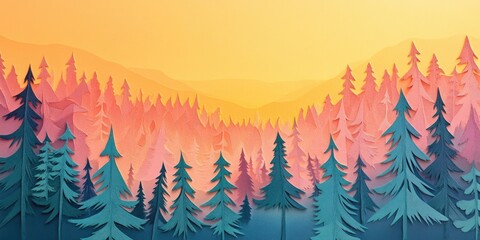 Aufkleber - Aerial view of a vibrant forest with pine trees illuminated by the warm glow of sunset, Aerial view of a colorful forest with sunlight shining on pine trees