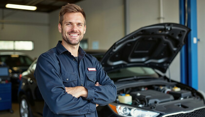 Auto mechanic in uniform smiling next to a car in a repair shop, highlighting expertise and professionalism. Ideal for automotive, repair, or service industry themes.