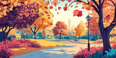 Wall Mural - Leaves descend in a park during a vibrant autumn, showcasing maples and diverse trees under the sun Captured with a vintage film aesthetic