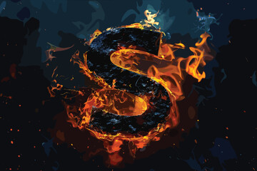 Fire letter S of burning flame. Flaming burn font or bonfire alphabet text with sizzling smoke and fiery or blazing shining heat effect. Incandescent hot red fire