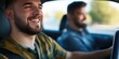 © gunzexx png and bg - Two friends sharing a joyous moment while driving, with one smiling broadly, symbolizing companionship and the simple pleasures of a carefree journey.