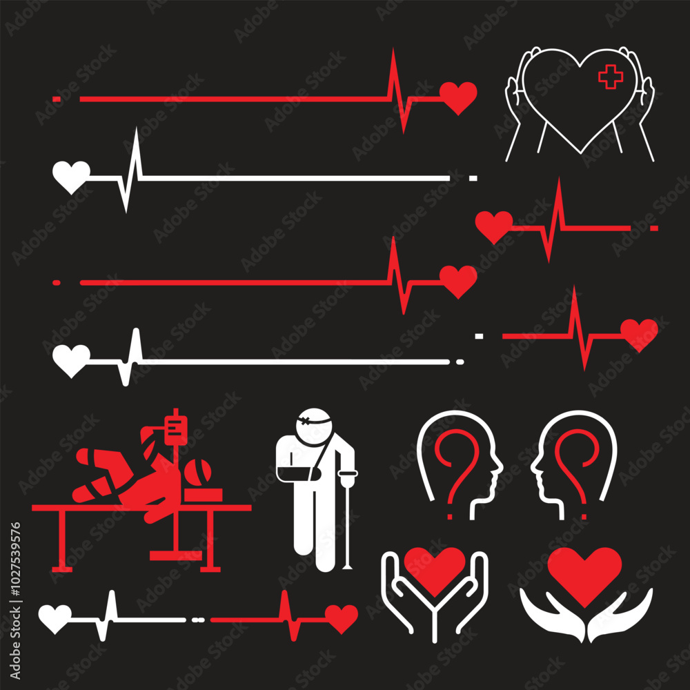 heart rhythm set, Electrocardiogram, ECG - EKG signal, Heart Beat pulse ...