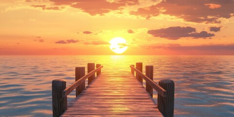 Wall Mural - Wooden bridge at sunset over the water, Wooden bridge during sunset over water