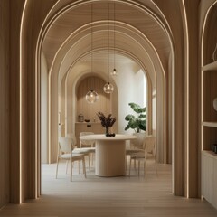 Minimalist interior design of modern dining room with abstract wood paneling arched wall.