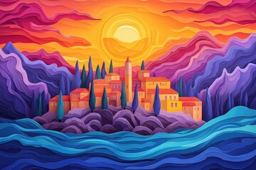 Wall Mural - Sunset view of a rocky island in a quaint Mediterranean village, Sunset over a rocky island in a picturesque coastal scene