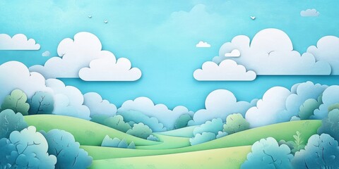 Sticker - Serene landscape featuring a blue sky adorned with fluffy clouds, Peaceful natural scenery with a clear blue sky and soft white clouds