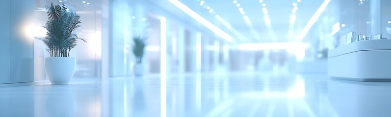 Aufkleber - A bright, modern hallway featuring soft lighting and a potted plant, creating a serene and spacious ambiance.