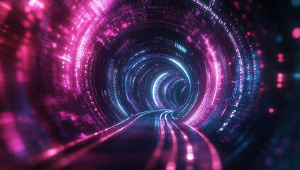 Poster - a digital tunnel with glowing lights and flowing data, a futuristic background for technology or int