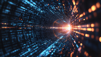 Poster - a digital tunnel with glowing lights and flowing data, a futuristic background for technology or int