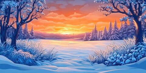 Wall Mural - Winter scene featuring a field under a sky at sunrise, Winter landscape with a field illuminated by sunrise.