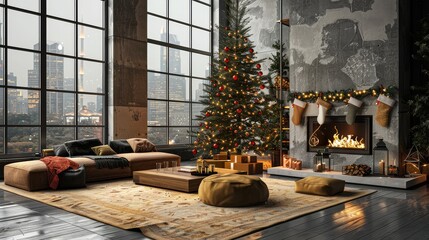 Wall Mural - Stylish loft apartment interior featuring a Christmas tree, fireplace, and large city-view windows, decorated for the holidays with modern decor and vintage carpet.