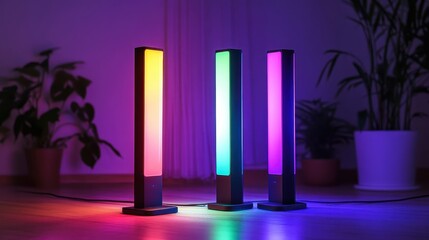 Canvas Print - Three vertical, rectangular-shaped LED lamps emitting pink, green, and blue light respectively, placed on a surface with a potted plant in the background