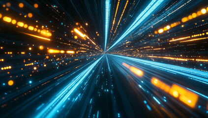Poster - a digital tunnel with glowing lights and flowing data, a futuristic background for technology or int