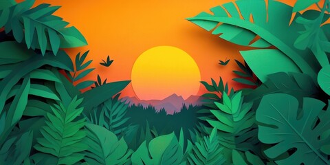 Wall Mural - Sunset over lush greenery with vibrant leaves, showcasing the beauty of nature, Vibrant sunset over lush foliage highlighting natural beauty