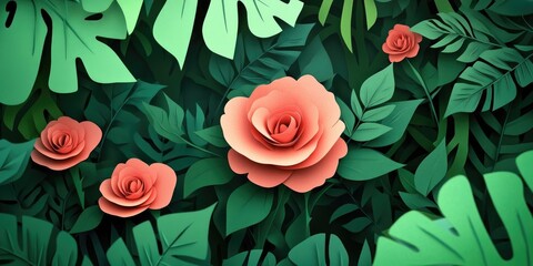 Poster - Summer roses in bloom, exuding a delightful aroma amidst lush greenery, Blooming summer roses releasing a pleasant fragrance among vibrant green foliage