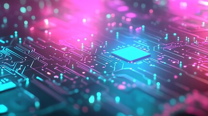 Poster - Close-up of a blue circuit board with glowing pink and blue lights.