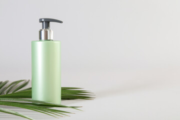 Poster - Bottle of shampoo and palm leaf on light background. Space for text