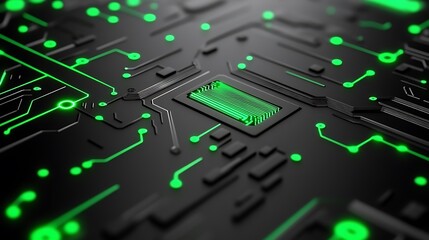 Poster - Close-up of a glowing green microchip on a dark circuit board.