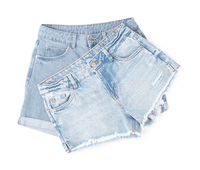 Canvas Print - Stylish light blue denim shorts isolated on white, top view