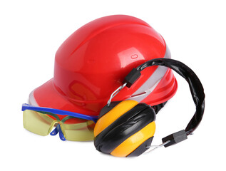 Poster - Orange hard hat, earmuffs and goggles isolated on white. Safety equipment