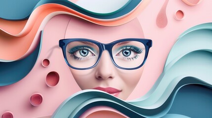 Poster - Eyeglasses are elegantly positioned in front of a colorful, abstract background featuring stylized eyes in a creative arrangement. Generative AI