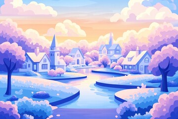 Wall Mural - A scenic view depicting early spring in a coastal town, Coastal spring landscape